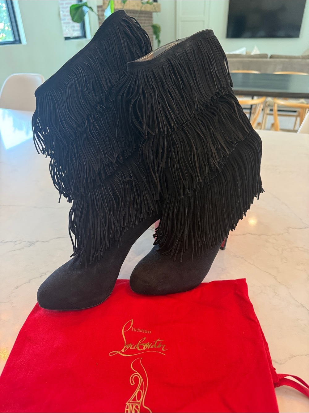 Christian Louboutin Black Suede Fringe Boots